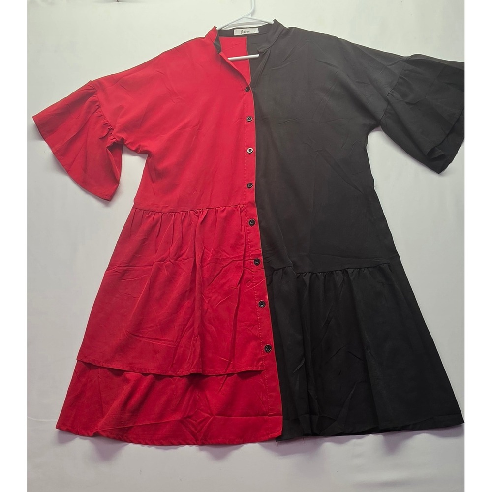 Believe Womens Red Black Colorblock Button Front Tiered Bell Sleeve Dress L